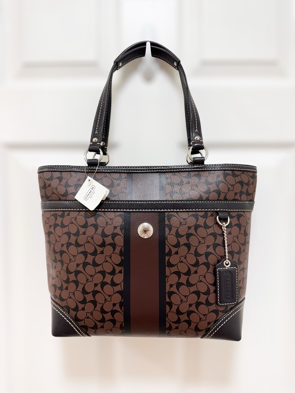Coach Heritage Stripe Chelsea Tote Coated Canvas Brown Leather F15137